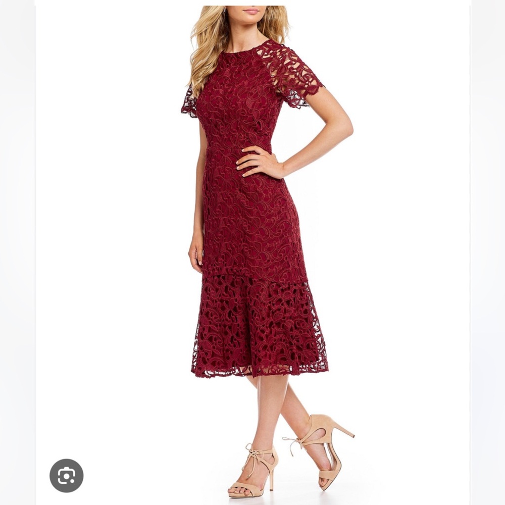 ANTONIO MELANI Burgundy Lace Sheath Midi Dress